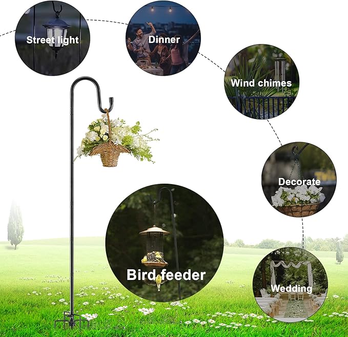 Bird Feeder Pole, 78 Inch & 5/8 Inch Diameter Stainless Steel Heavy Duty Shepherds Hooks for Outdoor to Hang Outdoor Lights with 5 Prongs Base, Rustproof for Garden Decor or Wedding Decors(Black)