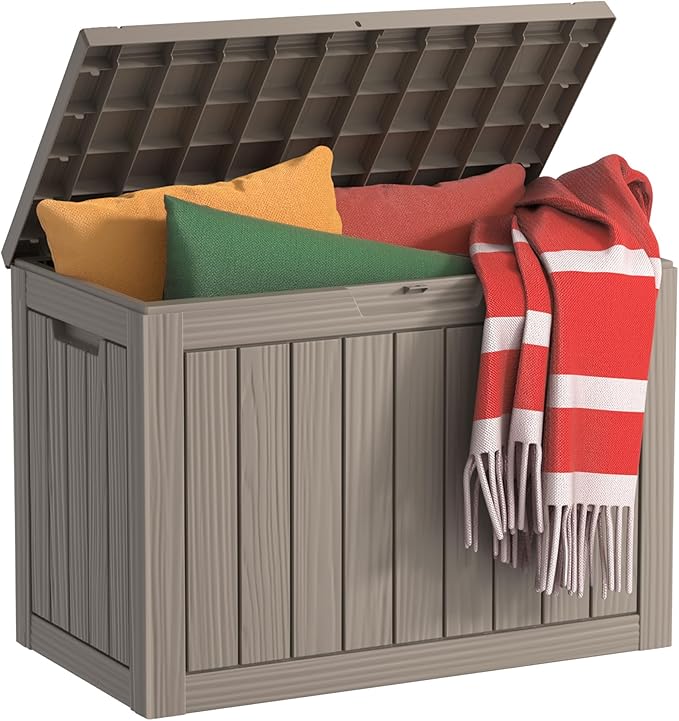 DRATO 45 Gallon Deck Box, Outdoor Storage Box for Patio Furniture, Patio Cushions, Gardening Tools, Pool Supplies 480lbs Weight Capacity,Waterproof Resin Storage Boxes (Light Brown, 45Gal)