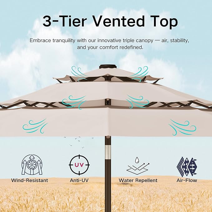 Kingdura 9ft 3-Tier Patio Umbrella, Outdoor Table Umbrella with Easy Crank & Tilt, 8 Reinforced Ribs, UV Protection for Deck, Pool, Market, Backyard (Beige)