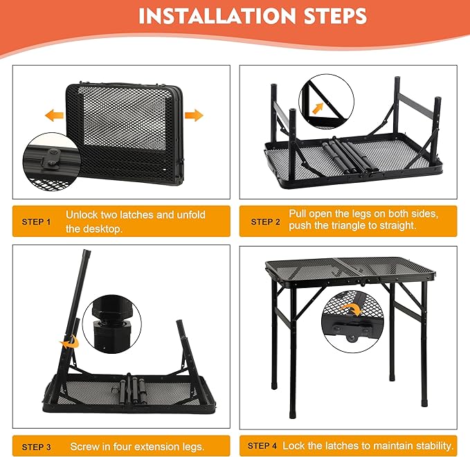 Camping Table with Mesh Desktop, Lightweight & Portable Folding Grill Table, Height Adjustable Metal Outdoor Table for Camp, Cooking, BBQ, RV, Picnic-4 FT Black