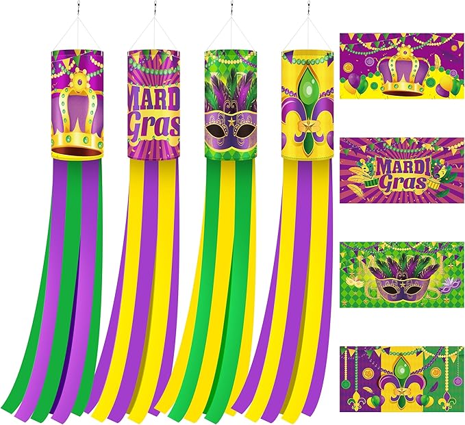 EBaokuup 4 Pcs Mardi Gras Wind Sock,41.3 Inch Mardi Gras Spinners Windsock,Purple Yellow Green Decor Windsock for Home Yard Party Mardi Gras Outdoor Decoration