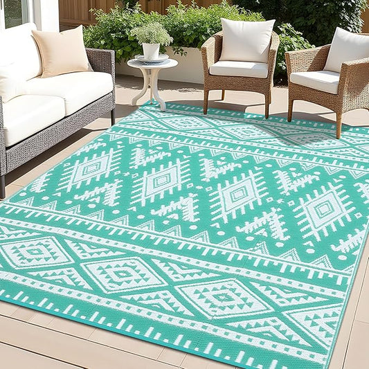OLANLY Outdoor Rug Waterproof 6x9 ft, Reversible Outdoor Plastic Straw Rug, Boho Patio Rug, Indoor Outdoor Carpet, RV Mat Outside for Patio, Camp, Picnic, Balcony, Deck, Backyard, Turquoise & White