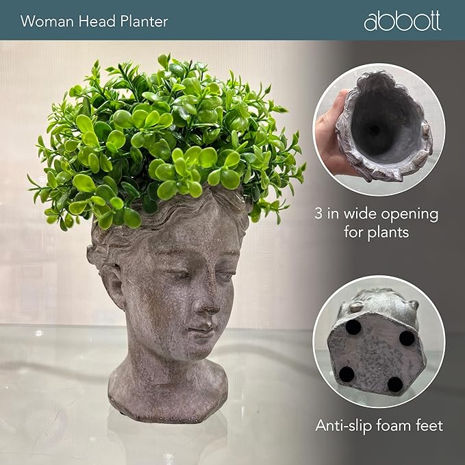 Abbott Collection Goddess Head Wall Planter - Small Cement Indoor and Outdoor Planter Pot - Grecian Woman Statue Head Planter for Flowers and Succulents (Grey, 3" Opening)