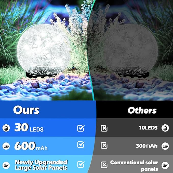 Garden Solar Ball Lights Outdoor Waterproof, 30 LED Cracked Glass Globe Solar Power Ground Lights for Path Yard Patio Lawn, Christmas Decoration Landscape White(2 Pack 3.9'')