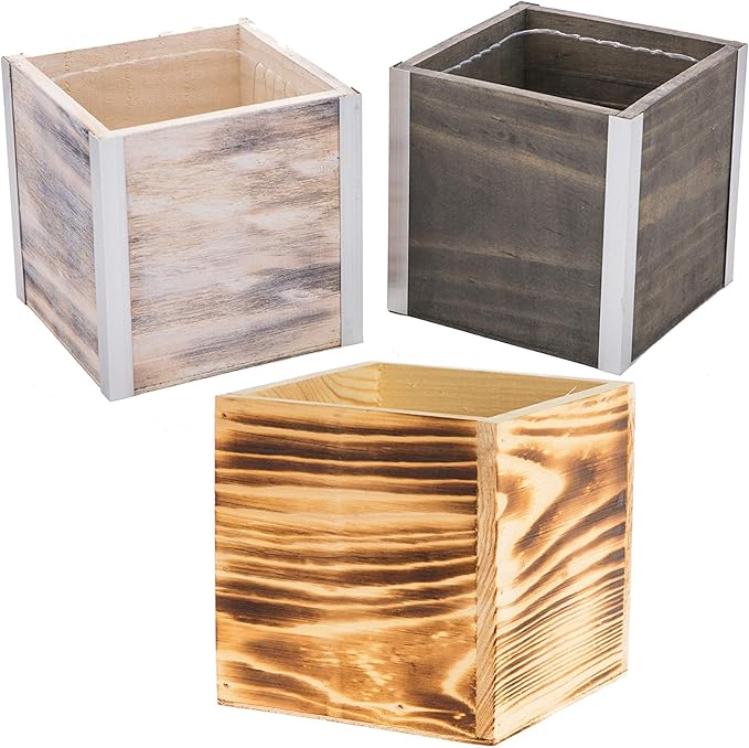 Wooden Planter Box, Rustic Burned Wood/Whitewash with Plastic Liner l Garden Decor l Restaurant and Wedding Decorations l Wood Box (5x5 Set of 4, Burned Wood)