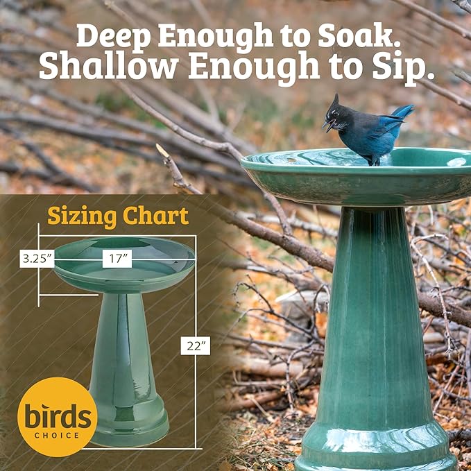 Birds Choice Ohio Stoneware Bird Bath | Pedestal Bird Bath, Stable Locking Top | Weather-Resistant Ceramic Clay, Glazed Finish | Outdoor Garden & Patio Decor | 22" H x 17" D, Summer Blue