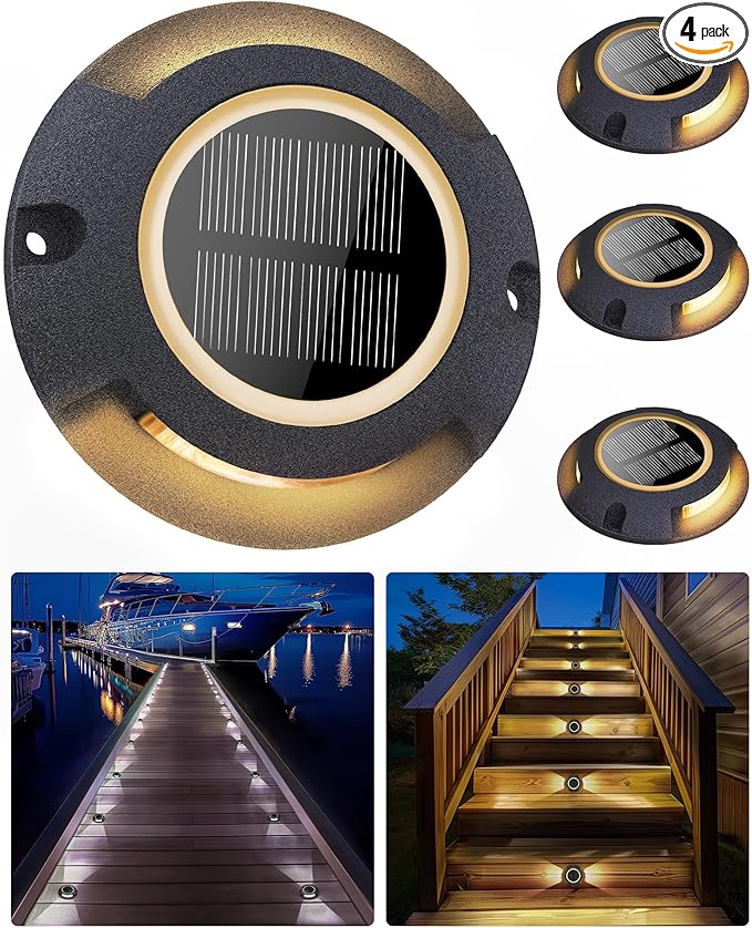 Solar Deck Driveway Lights, 4 Pack Solar Dock Lights Outdoor Waterproof IP68, 2 Colors in 1 Driveway Marker for Warning Stair, Sidewalk, Pathway, Patio, Garden Decor