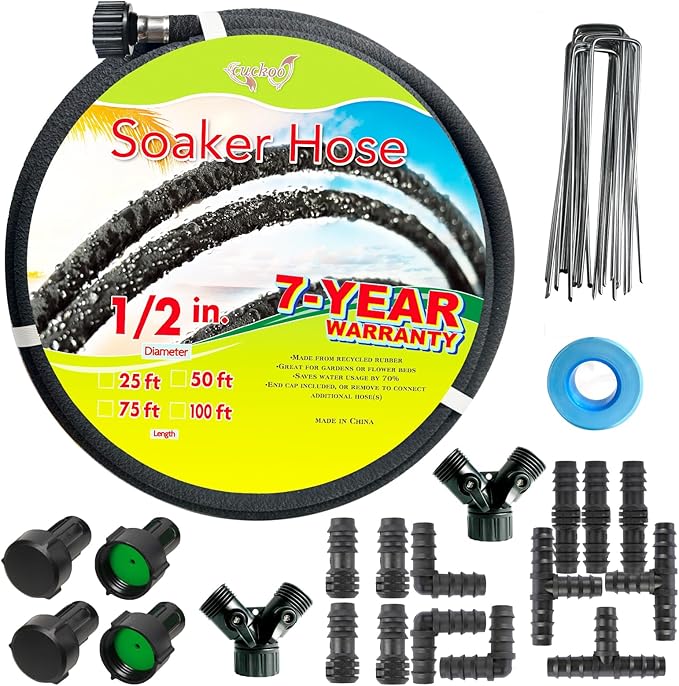 Cuckoo Soaker Hose 50ft With 1/2" Diameter-Soaker Hose Kit with Heavy Duty Rubber Hose for Irrigation-Save 70% Water-Great for Garden Flower Beds,Trees,Vegetables amd Seedings(1/2X50-2)