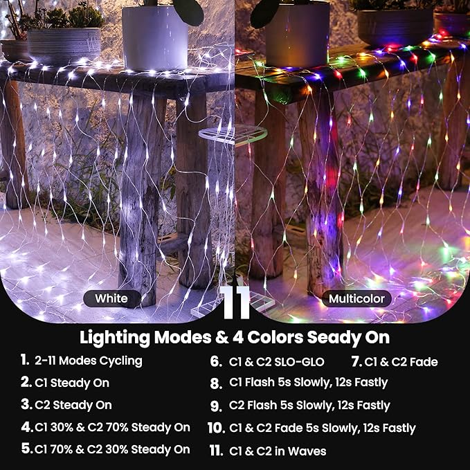 LYHOPE 12ft x 5ft 360 LED Christmas Net Lights, 11 Modes 30V Christmas Net Lights, Clear White-Multi Color Changing Mesh Decorative Net Lights for Xmas Tree Bush Wedding Garden Outdoor Indoor Decor