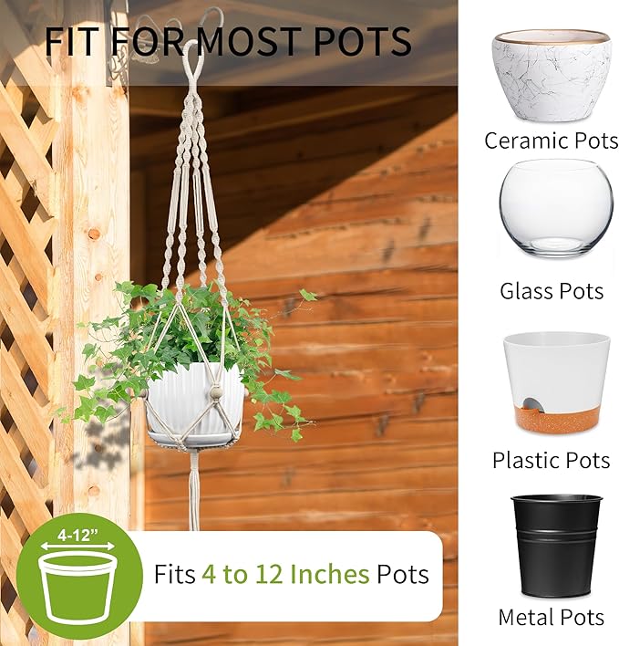 2 Pack Macrame Plant Hanger, 44 Inch, Fits 4-12 Inch Pots, Extra Long Indoor Outdoor Hanging Planter Basket Flower Pot Holder, Boho Home Decor, Ivory (POTS NOT Included)