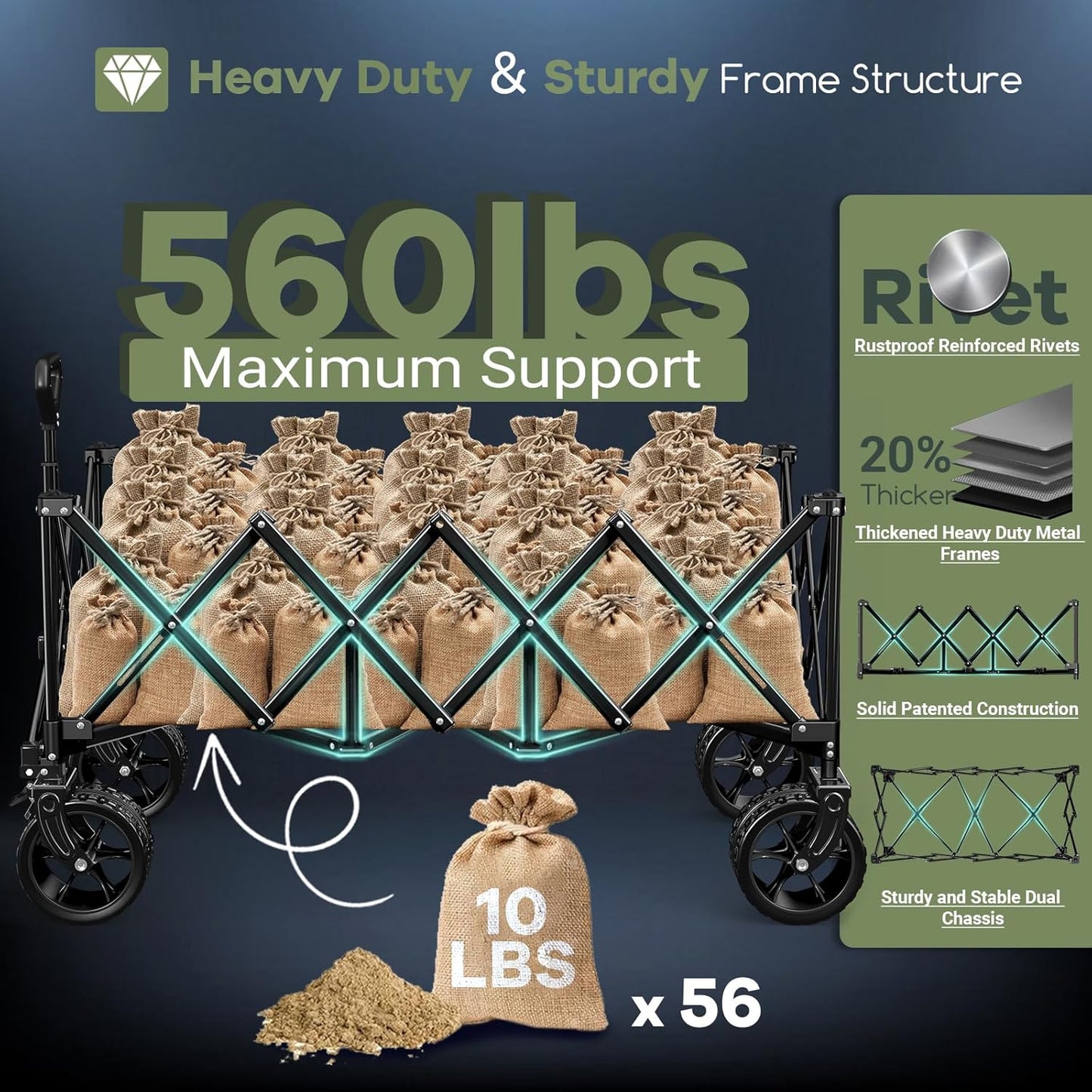 300L Extra Large Wagons Carts Foldable, 560LBS Heavy Duty Collapsible Beach Wagon 48" Long with Big All-Terrain Wheels, Utility Folding Cart for Camping, Grocery, Sports, Garden, Blue