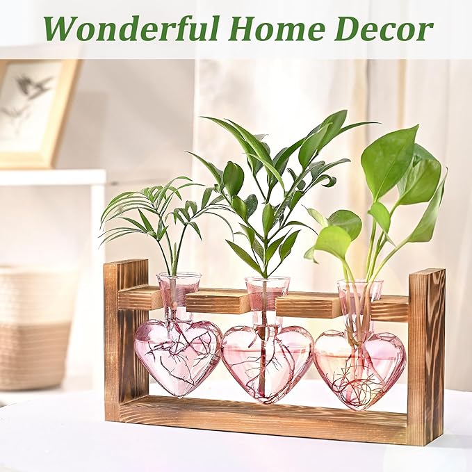 Lifecapido Heart Shaped Propagation Stations, Plant Terrarium with Wooden Stand, Plant Propagation Station for Hydroponics Plants Office Garden Home Decor, Gifts for Women Plant Lover (3 Vases, Pink)