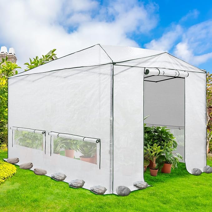 EAGLE PEAK 12x8 Portable Walk-in Greenhouse, Pop-up Indoor Outdoor Garden Green House, Zippered Doors and Windows, Heavy Duty Woven PE Cover, White