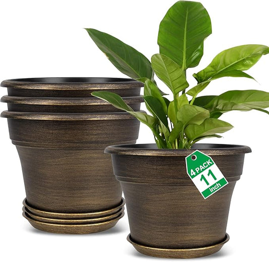 Plant Planters Pots Set of 4 Pack 11 Inch, Plastic Flower Pot for Indoor Plants with Drainage Holes & Trays, Resin Decorative Container Sets with Saucer for House Outdoor Garden Planters Dark Gold