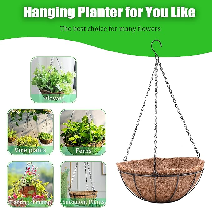 4 Pack Hanging Planter Basket Outdoor Large Hanging Flower Pots Indoor 12 inch with Coco Coir Liner Round Wire Plant Holder Chain Hanging Basket Garden for Home Decor Balcony Office1