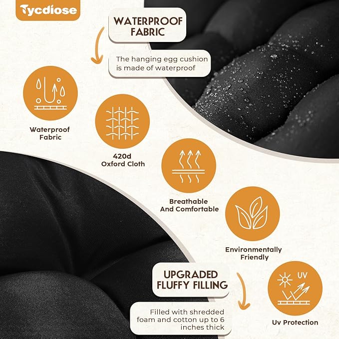 Egg Chair Cushion Replacement, Waterproof Outdoor Hanging Egg Chair Cushion Hammock Swing Chairs Cushions Pads, U-Shaped Thickened Cushions for Hanging Eggs Chairs, 47x33x7 Inches (Black)