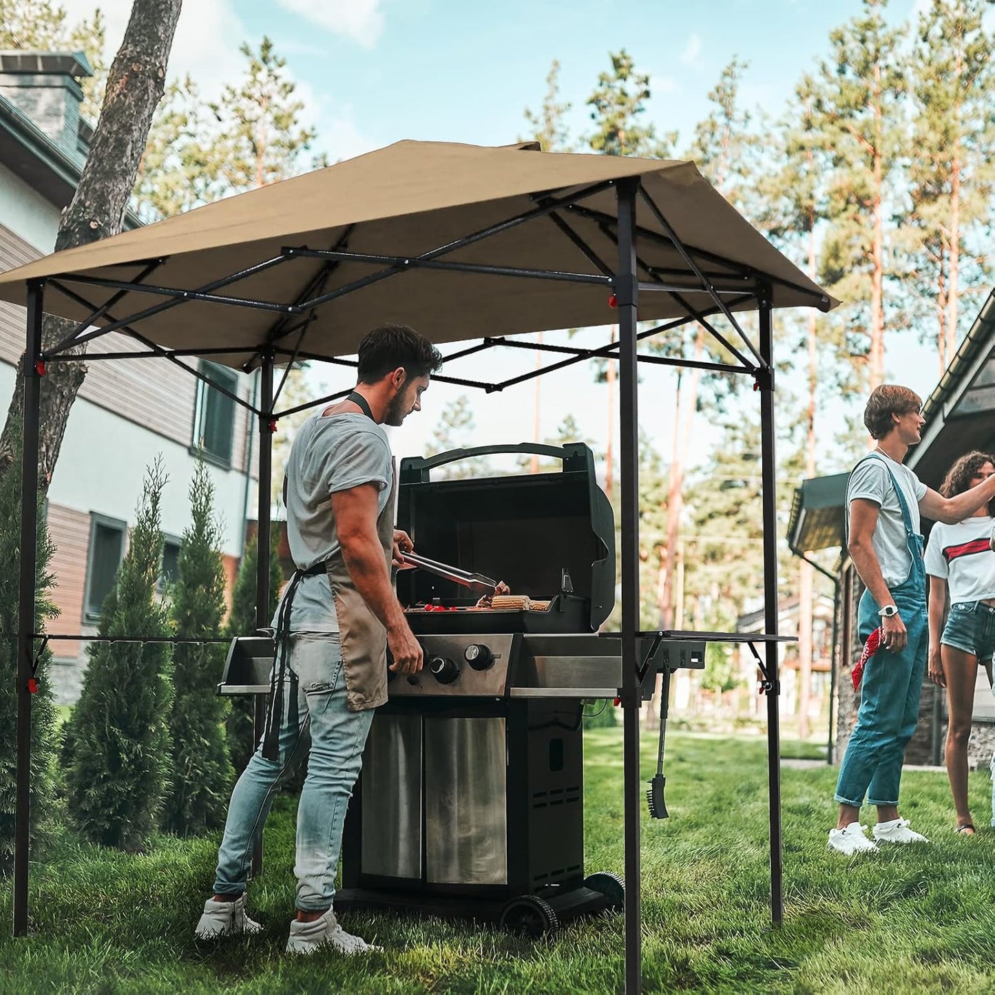 COOS BAY 8x5 Pop up Grill Gazebo Portable BBQ Gazebo Canopy Tent with Carry Bag, Outdoor Barbeque Shelter, Beige