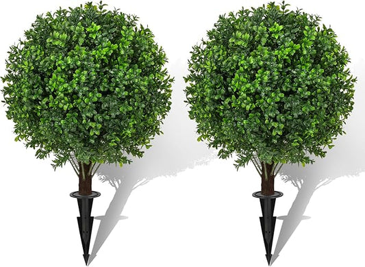 22" Artificial Boxwood Topiary Ball Trees with Ground Spike Set of 2 - UV Resistant Faux Green Shrubs & Bushes Potted Plants for Outdoor Indoor Front Porch Garden