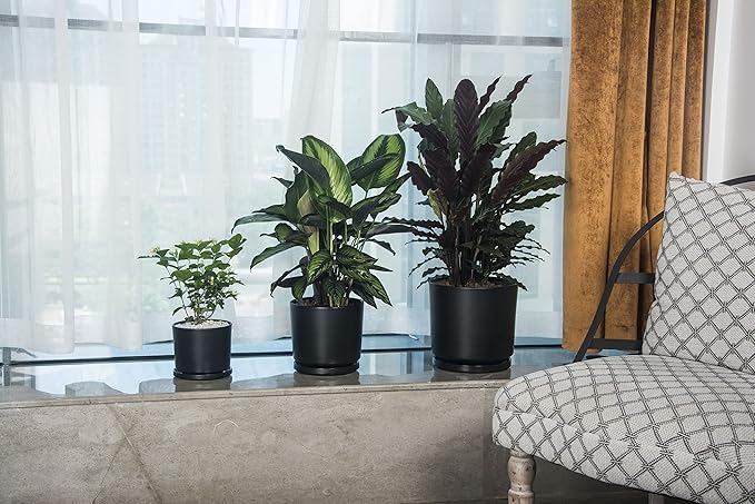 Ekirlin 9 inch Plant Pots,Ceramic Flower Planters Indoor,Modern Succulents Containers with Drain Hole Saucer,Decorate Home,Office & Outdoor (Black)