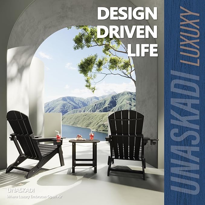 Folding Adirondack Chair Set of 4 with Cup Holder, HDPE All Weather Resistant Plastic Outdoor Patio Chairs, Heavy Duty Fire Pit Seating for Backyard Lawn Garden, Wooden Textured Design(Black)