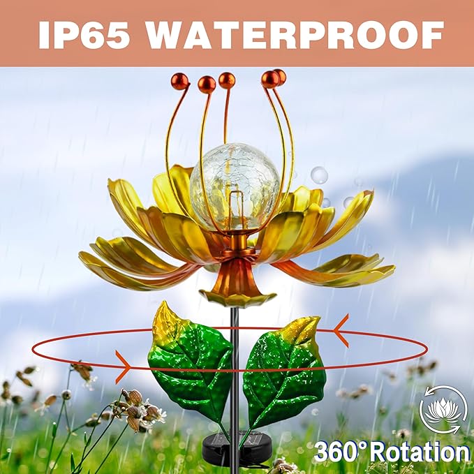 Solar Wind Spinner, 38 Inch Metal Stake Yard Spinners,Solar Powered Multi-Color LED Glass Ball with Kinetic Wind Sculpture Spinner Windmills for Yard