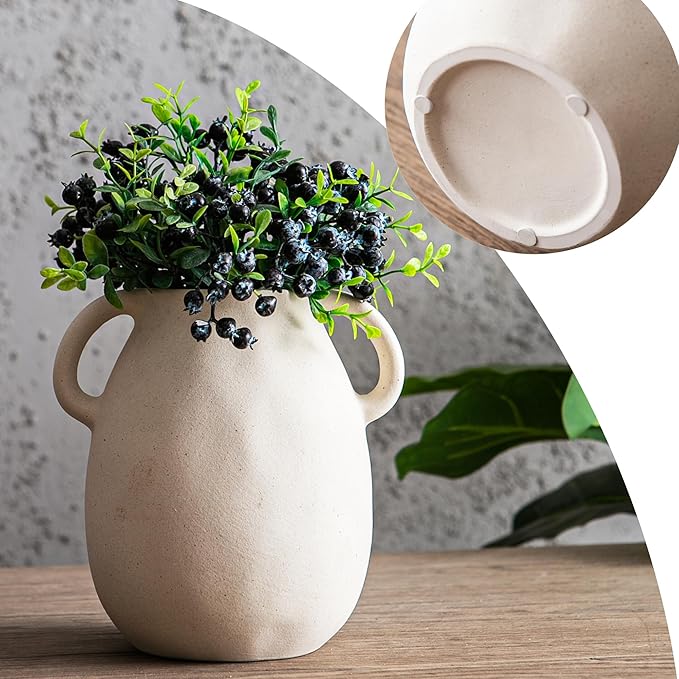 Kimdio White Ceramic Vase with 2 Handles – Sand-Glazed Clay Pottery Vase for Dried Flowers, Rustic Modern Table Decor, Farmhouse Boho Shelf Decoration