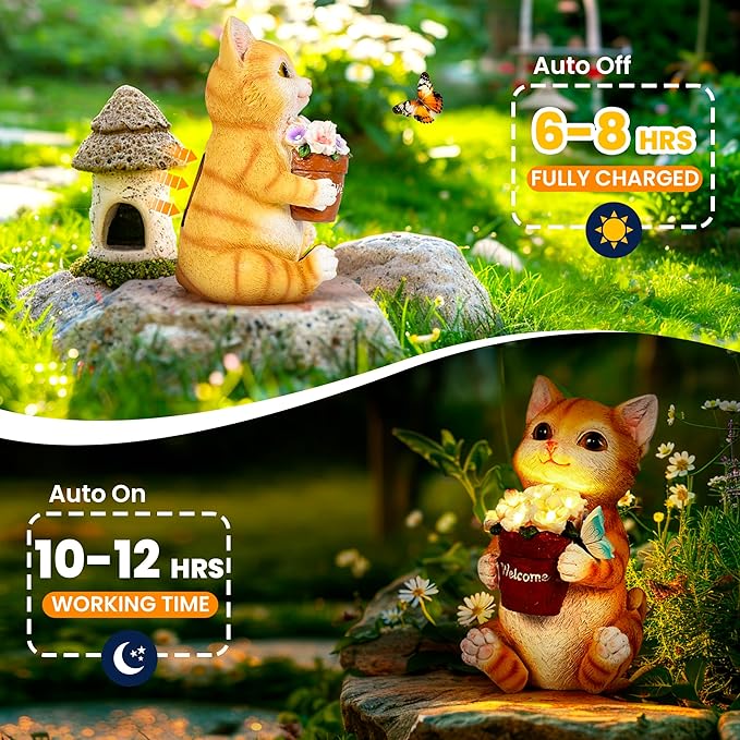 GIGALUMI Solar Garden Decor Flower Pot Cat Statues Outdoor, Birthday Gifts for Women, Gifts for Mom Grandma Senior Elder, Cat Ornament for Balcony, Garden, Patio, Yard, Lawn