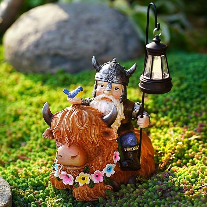 Garden Gnome Outdoor Statue 12 Inch Highland Cow Gnomes Decorations for Yard Patio Lawn Porch Birthday Gifts for Women Men, Mother’s Day, Housewarming with Solar Light Funny Decor for Outside