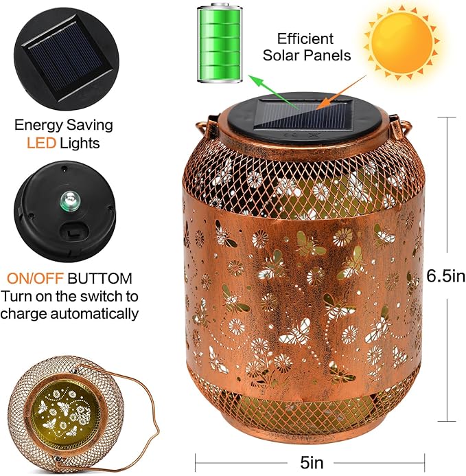 Solar Lanterns Outdoor Waterproof Bee Garden Decor Birthday Gifts for Women Mom Grandma Hanging Solar Lights Metal Lantern Decoration Outside for Yard, Patio, Backyard, Porch