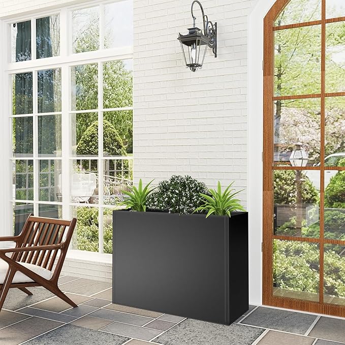 Tall Metal Cube Planter for Outdoor Plants 36" L x 12" W x 26" H, Heavy Duty Steel Large Planter Box with Removable Insert Shelf, Modern Décor for Tall Plants, Trees, Flowers (Black)