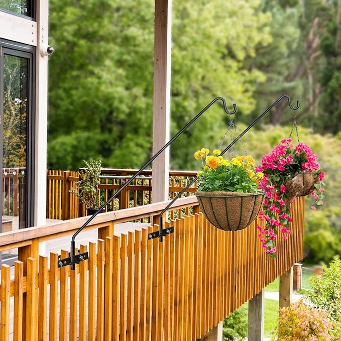 2 Packs Extended Fence Deck Hook Rail Hook Heavy Duty Bird Feeder Hook, 360 Degree Rotary and Length Adjustable Plant Bracket for Bird Feeders Planters Suet Baskets Lanterns Wind Chimes and More