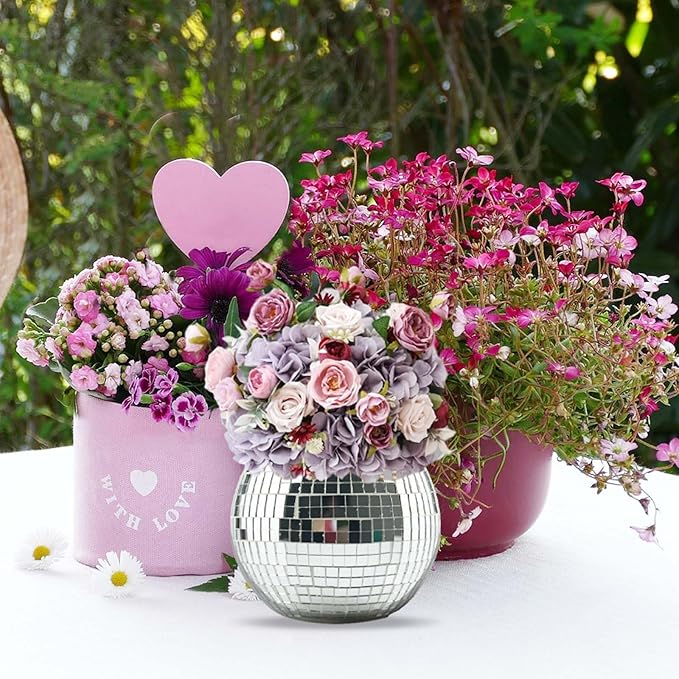 2 Pcs Disco Ball Vase, 5 x 6 Inch Mirrored Disco Ball Planters Perfect for Decorative Living Room, Bedroom, Dining Table, Wedding, Party, Birthday