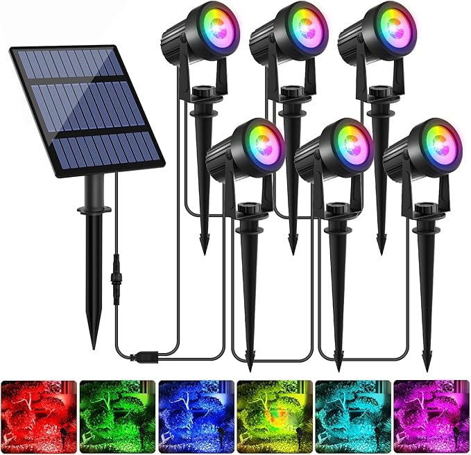T-SUNUS Solar Spot Lights Outdoor Color Changing 6-in-1, Solar Landscape Spotlights RGB Lighting Waterproof IP65 Wall Lamp 9.8ft Cable for Patio Pathway Yard Garden Holiday (Multi-Color)