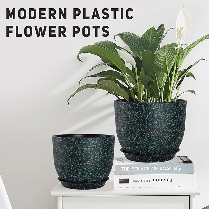 Plant Pots 10/9/8/7.5/7 inch Set of 5,Flower Pots with Multi Mesh Drainage Holes, Large Planters for Indoor Outdoor Garden Plants and Flowers. (Green Speckles)