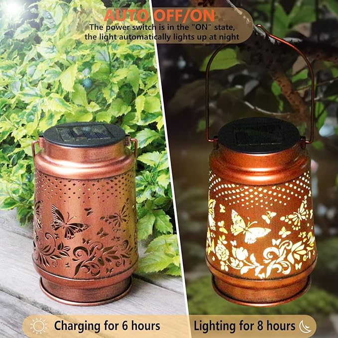 Solar Lanterns Outdoor Waterproof Butterfly Garden Decor Birthday Gifts for Women Mom Grandma, Hanging Solar Lights Metal Lantern Decoration Outside for Yard, Patio, Backyard, Porch