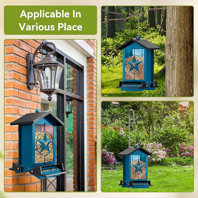 Squirrel Proof Bird Feeder for Outdoors Hanging, Metal Wild Bird Seed Feeder with Bilateral Weight-Activated Perches, 5LB Large Capacity Wild Bird Feeders for Outside Finch, Cardinal, Blue Jay