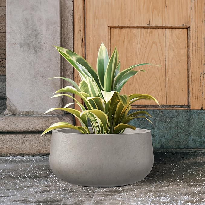Kante 11.8" Dia Round Concrete Planter, Cement Plant Pots with Drainage Hole and Rubber Plug for Outdoor Indoor Garden Home, Modern Curvaceous Design, Weathered Concrete