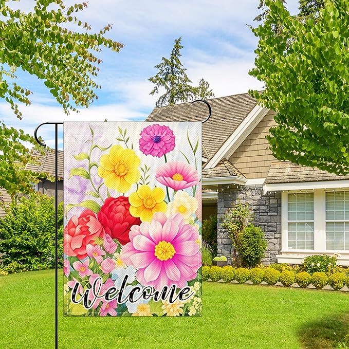 Welcome Spring Floral Garden Flags 12x18 Inch double sided,Seasonal Flowers Yard Holiday Outdoor Burlap Garden Farmhouse Decor