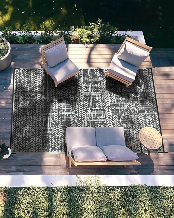 MontVoo Outdoor Rug 9x12 Waterproof-Patio Rug Outdoor Carpet Reversible RV Camping Picnic Plastic Straw Rug Outside Outdoor Area Rug for Balcony Deck Backyard Patio Decor Boho Modern Abstract Grey