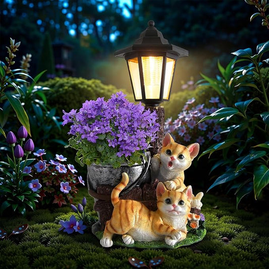 Solar Cat Outdoor Statues, Garden Sculptures with Flowerpot Decor & Solar Lantern for Yard Art Lawn Ornaments Porch Patio Balcony - Idea Gifts for Women Mom Grandma