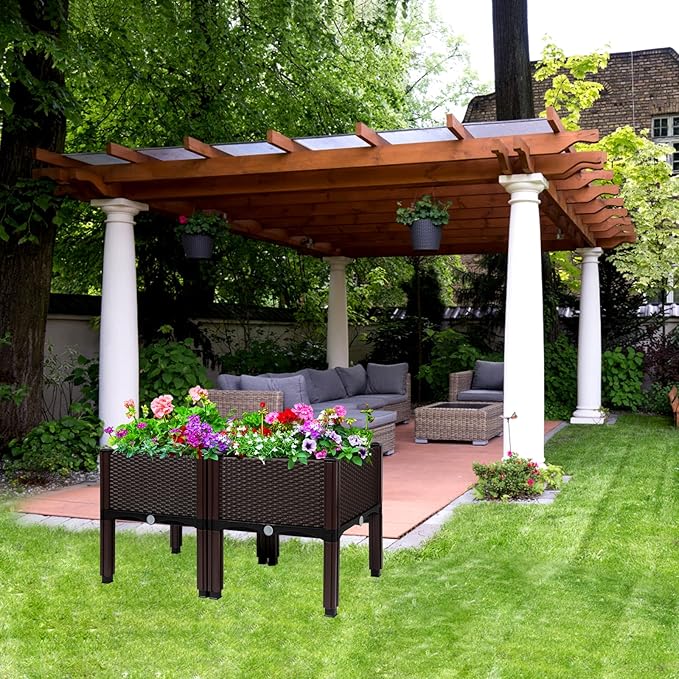 MAYOLIAH Raised Garden Bed with Drainage Elevated Planter Box Plastic Raised Beds for Gardening Vegetables Herb Flowers, Perfect for Indoor Outdoor Planting, 2 Boxes Brown