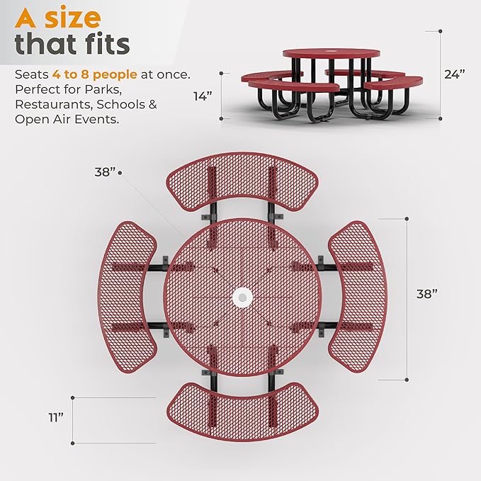 Metal Picnic Tables for Kids for Outdoors with Umbrella Hole - Coated Steel Heavy Duty Commercial Grade Table with Adjustable Seats (Red, 38 in, Kids, Expanded Steel)