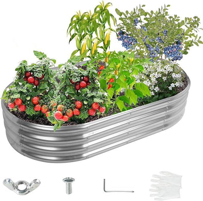 60X32X12 Inches Oval Galvanized Metal Garden Raised Bed/Plant Box for Planting,32 Inches Diameter Iron Fire Pit Ring,Small Animal Fence-3 in 1 Modular Design in Silver (5X2.7X1 FT, Oval)