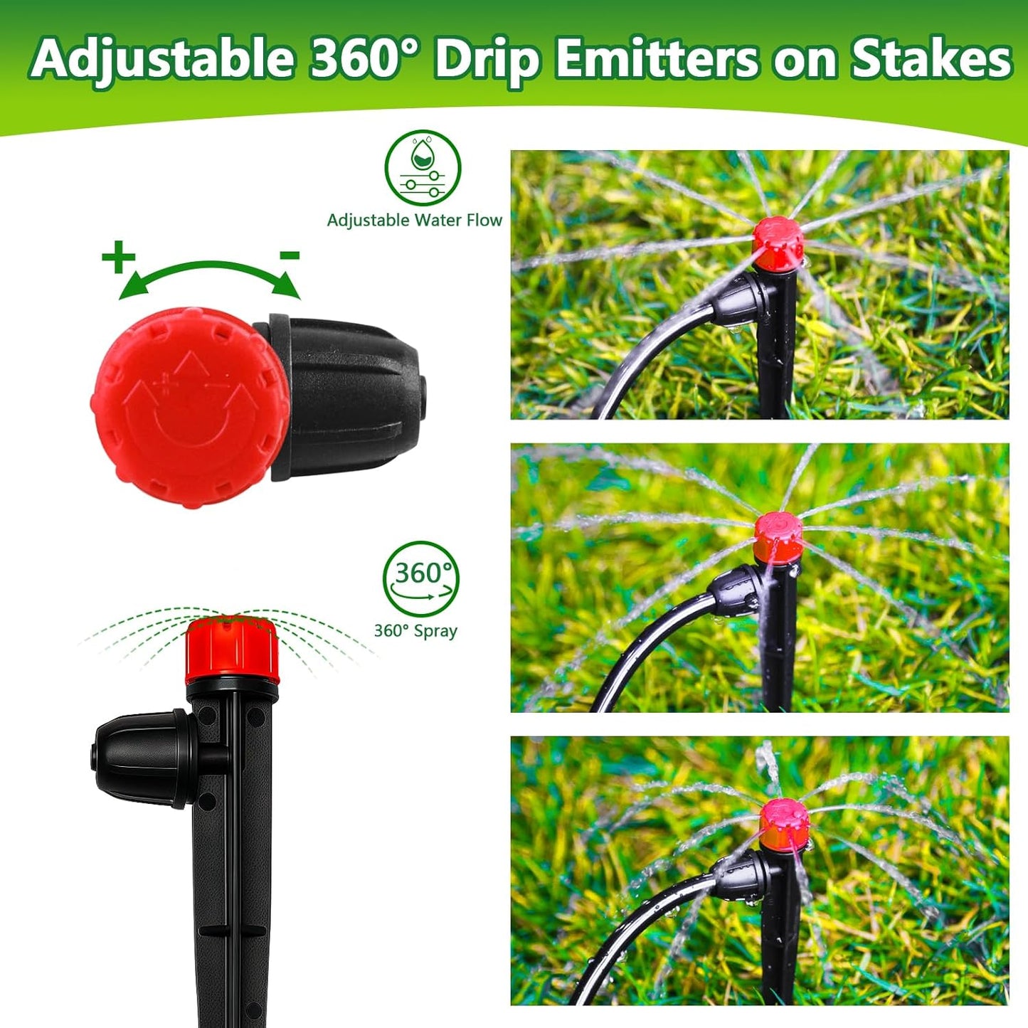20 Pieces Drip Irrigation Emitters, Adjustable 360 Degree Drip Stream Emitters on 5" with Stake for 1/4" Drip Irrigation Tubing Irrigation 8 Hole Stream Drippers for Garden Watering System