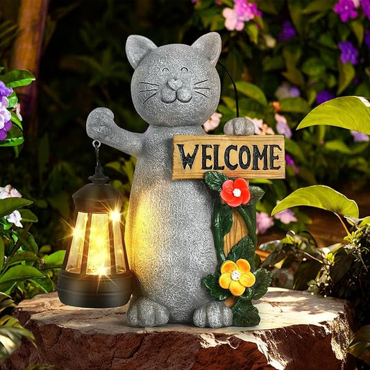 Json Garden Statue Solar Cat Figurine with Lantern, 10" Resin Kitten Outdoor Lawn Porch Yard Art, Lighted Christmas Birthday Gifts for Mom Grandma