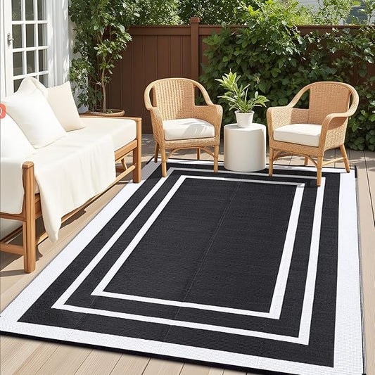 OLANLY Outdoor Rug 9x12 ft Waterproof, Reversible Outdoor Plastic Straw Rug, RV Mat, Indoor Outdoor Carpet Clearance for Patio, Camping, Balcony, Deck, Backyard, Black & White