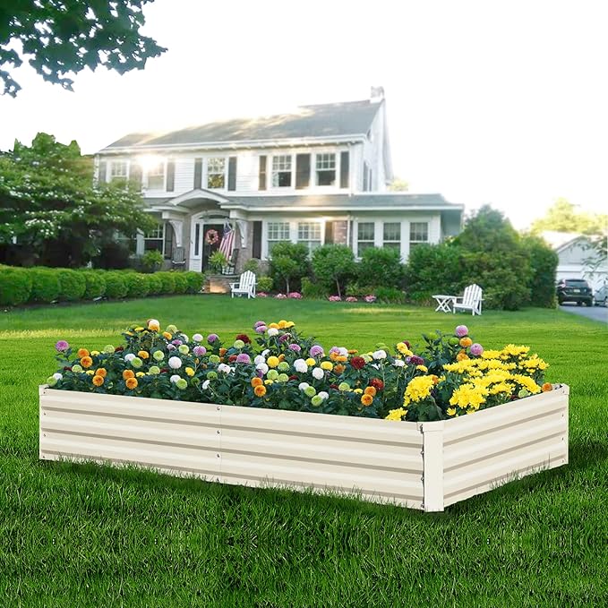 Raised Garden Bed Outdoor, 8x4x1ft Garden Box, Beige Garden bed, Metal Raised Garden Bed for Gardening Vegetables Flowers, Planter Box, Raised Bed