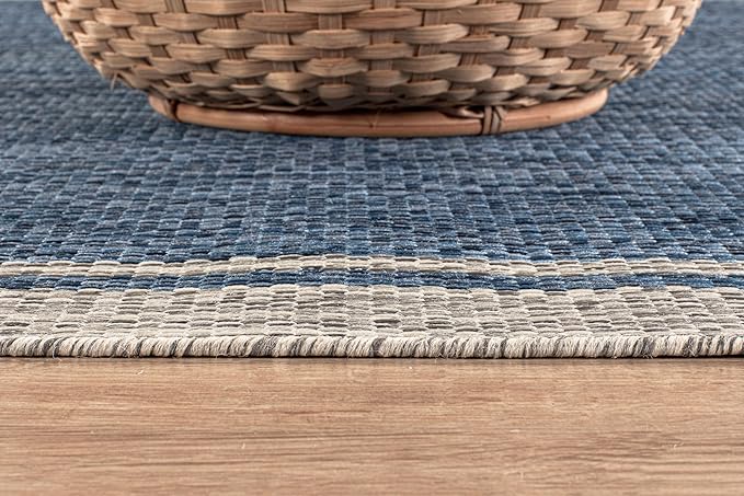 CAMILSON Indoor Outdoor Rug, 10x14 Bordered Navy Blue Gray Modern Large Area Rugs for Indoor and Outdoor Patios, Porches Waterproof Washable Porch Deck Outside Carpet (Bordered Navy, 10 x 14)