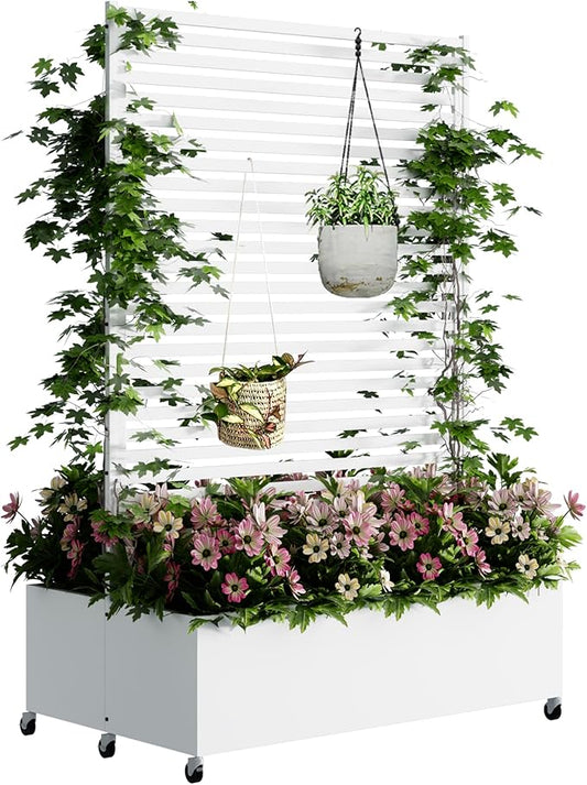 Double Metal Planter Box with Trellis Privacy Screen, Raised Garden Bed with Trellis & Wheels, Planter Box Outdoor with Drainage Holes for Climbing Plants, Vegetable, Vines,73"x 47"x 30", White