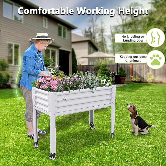 A ANLEOLIFE 4-Set Galvanized Raised Garden Bed with Legs,48x24x35in Large Elevated Planter Box on Wheels with Drainage Holes for Backyard, Balcony, Patio, 600lb Capacity, Antique White